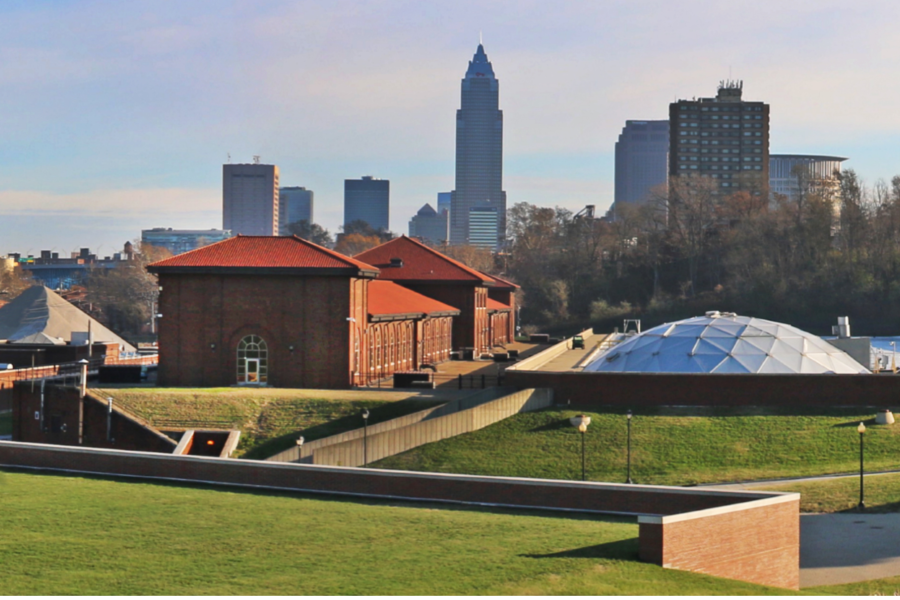 A panoramic view of the Morgan Water Treatment Plant with the skyline of Cleveland in the background