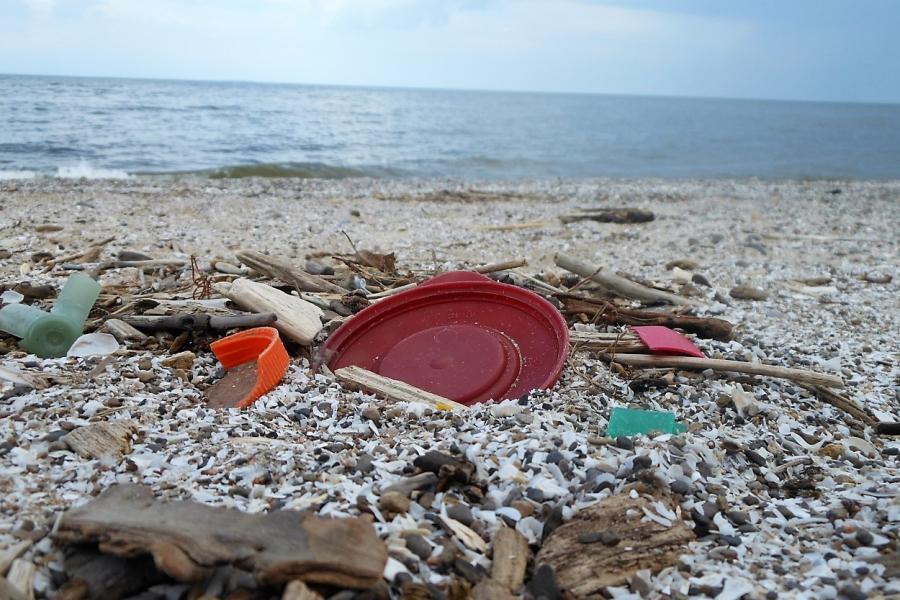 A red frisbee and other pieces of plastic debris litter a beach along Lake Erie
