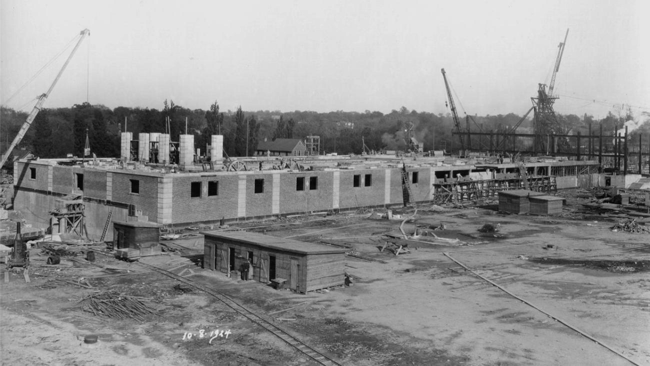 A black and white photo showing the construction of the Baldwin water filtration plant