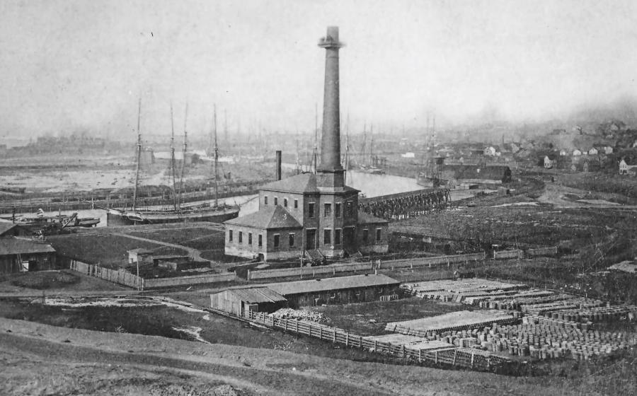 An photo of the original engine house of the first water works building on the bank of the Cuyahoga River