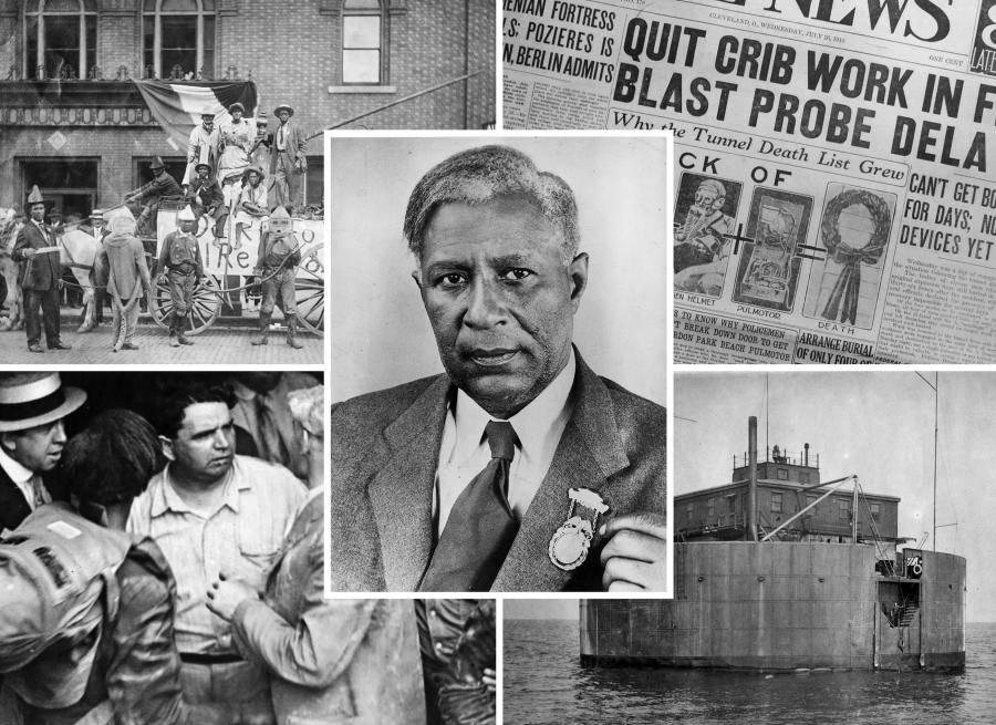 A collage of images depicting Garrett Morgan and his rescue of workers from a collapsed tunnel